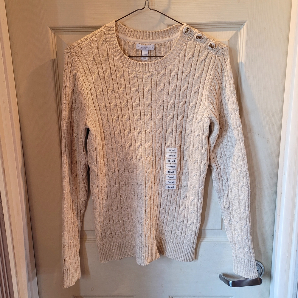 NWT Charter Club Cream Cable Knit Gold Trim Pullover Sweater Top